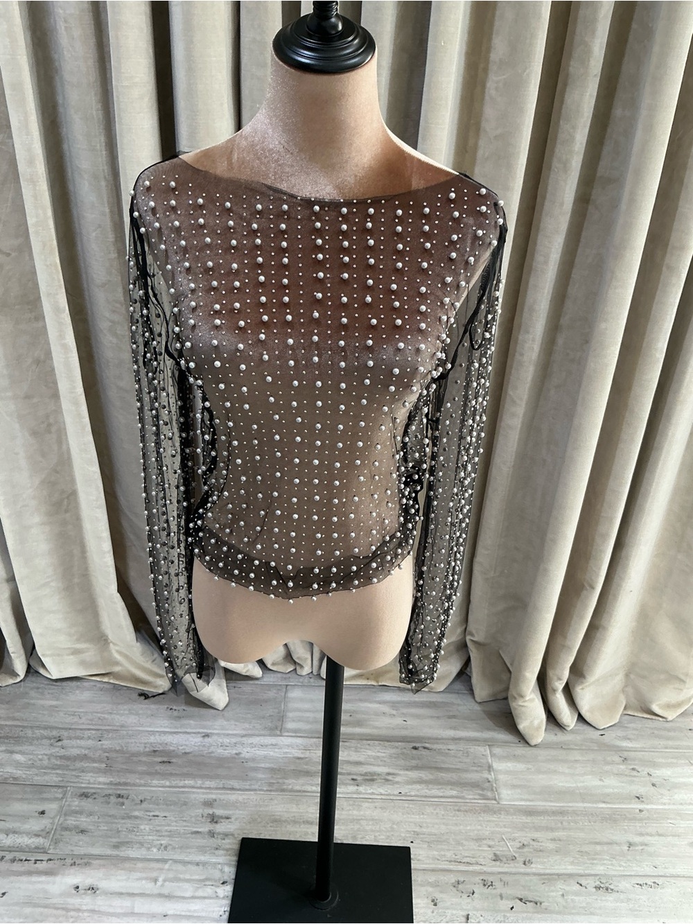 Haute Monde Black Sheer Pearl-Studded Long Sleeve Blouse